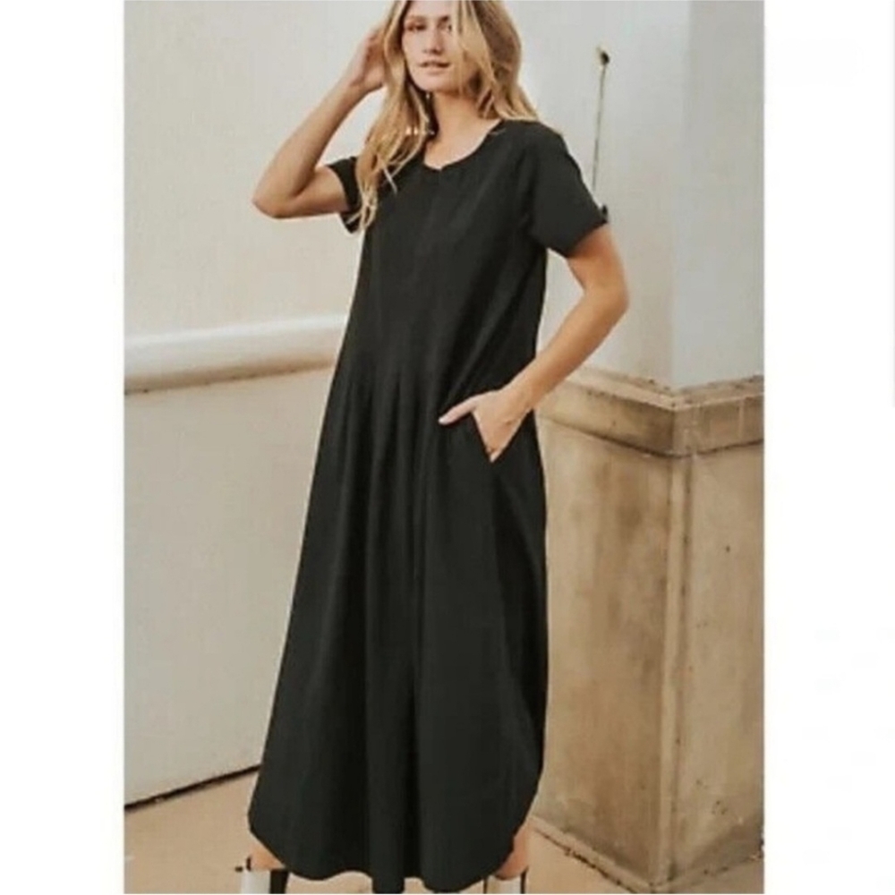 Free People Beach On Repeat Pleated Cotton Midi Dress Black - Picture 7 of 8